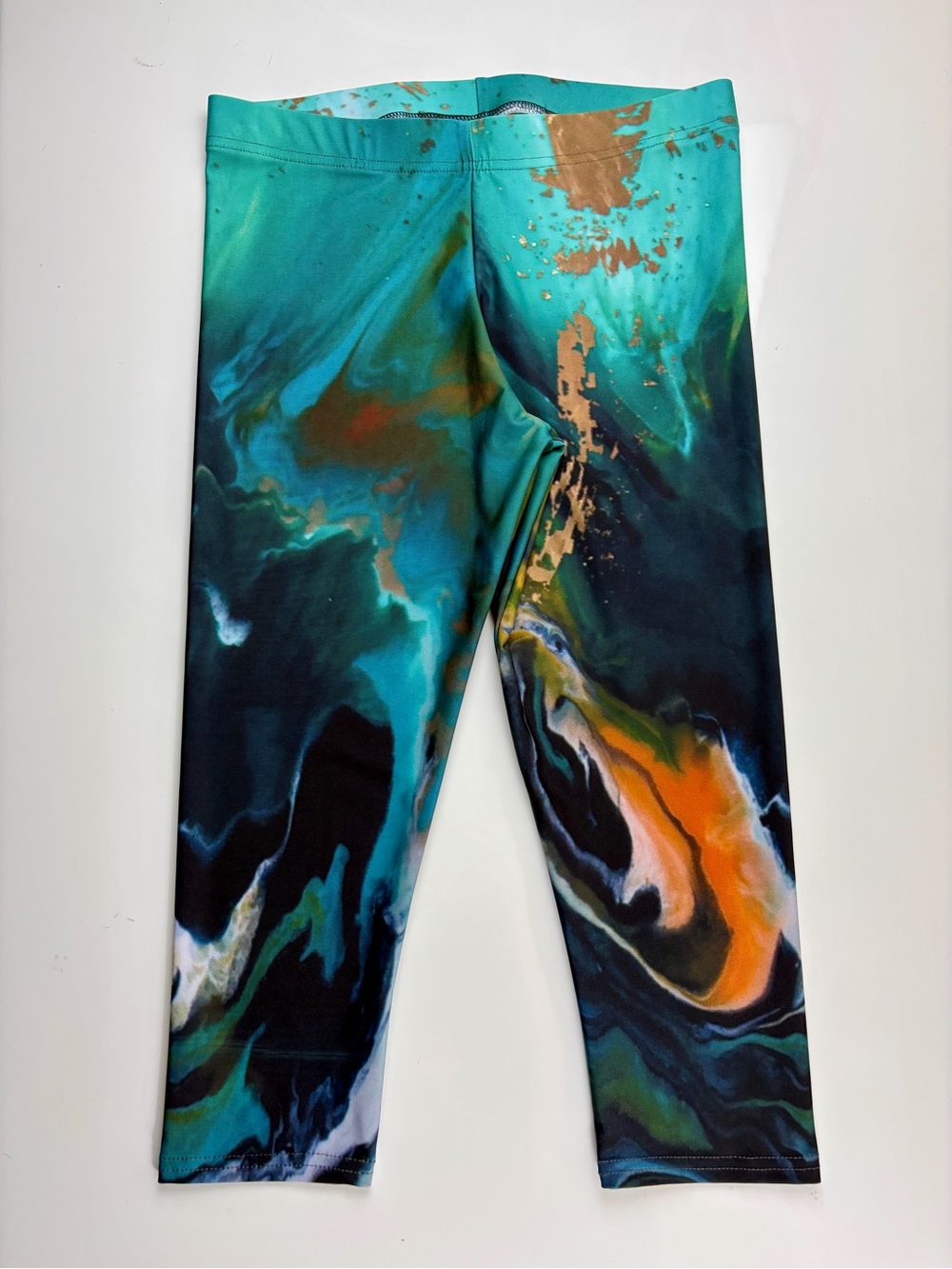 Alana Kay Art Teal & Orange Wearable Art Capri Length Stretch Leggings, Sz XL